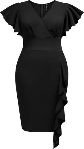 Miusol Vestido de tubo vintage con cuello en V para mujer, manga con volantes, para negocios, cóctel, fiesta, talla grande