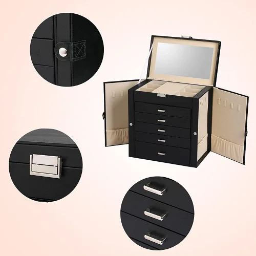 Miniatura 4 de Frebeauty Joyero grande, organizador de joyas de piel sintética de 6 niveles con cerradura, estuche de almacenamiento multifuncional con espejo