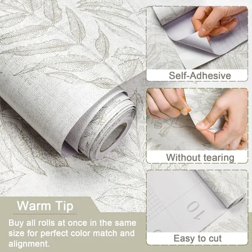 Miniatura 4 de Papel tapiz de hojas neutrales para despegar y pegar, papel de contacto bohemio para armarios y cajones, moderno, extraíble, autoadhesivo