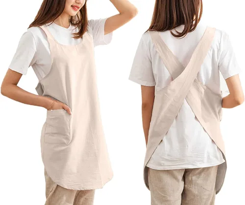 Delantales de algodón con espalda cruzada, color sólido, para cocina, jardín, para mujeres y niñas con bolsillos