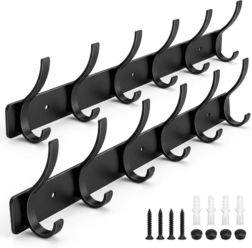 Miniatura 8 de Perchero montado en la pared, 6 ganchos para colgar abrigos, riel de metal resistente de doble gancho, perchero con ganchos, perchero de montaje