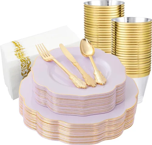 Miniatura 17 de NOCCUR 175 platos de plástico color oro rosa con cubiertos desechables, incluye 25 platos de cena, 25 platos de postre, 25 tenedores, 25 cuchillos