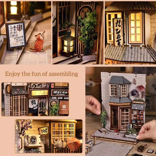 Miniatura 6 de Kit de rincón de libros, kit de casa en miniatura para adultos y adolescentes, rompecabezas 3D, decoración de estantería de casa de muñecas