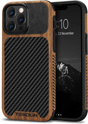 TENDLIN Compatible con iPhone 13 Pro Max, funda de grano de madera con textura de fibra de carbono, funda híbrida de cuero compatible con iPhone 13