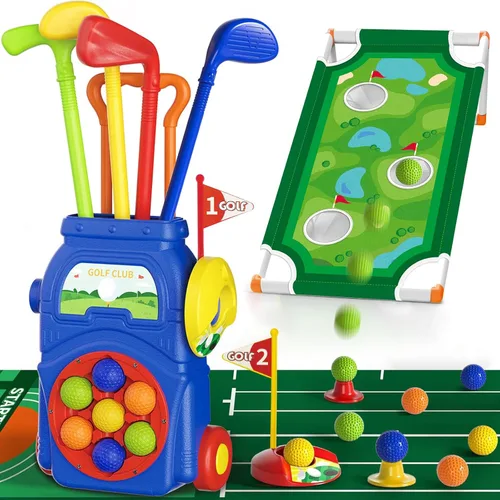 KINGTOP Juego de golf para niños pequeños con tapete de putting y tabla de cornhole, palos de golf para niños de 3 a 5 años con 10 pelotas, 4 palos,