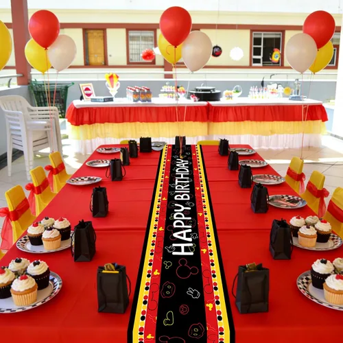 Miniatura 5 de Camino de mesa de feliz cumpleaños, negro, rojo, amarillo, ratón, tela de poliéster, decoración de mesa de comedor para decoración de fiesta