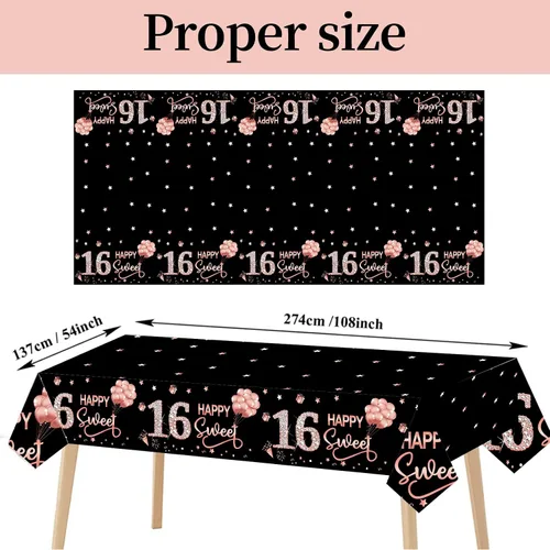 Miniatura 2 de Paquete de 3 manteles decorativos de cumpleaños dulce 16 para niñas, cubierta de mesa con temática de feliz cumpleaños dieciséis en oro rosa