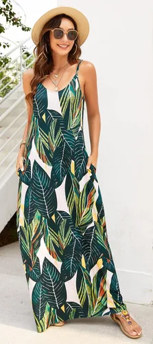 Miniatura 4 de Supnier - Vestido largo de verano para mujer, vestido flora, informal y bohemio con cuello en V, sin mangas, con tirantes delgados y bolsillos