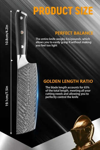 Miniatura 2 de Cuchillo Nakiri de 7 pulgadas, cuchillo de acero de Damasco con hoja de patrón de plumas, mango G10 de espiga completa, cuchillo vegetal profesional