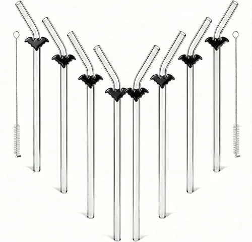 Miniatura 10 de Pajitas de cristal hechas a mano con dije de murciélago – Pajitas de borosilicato dobladas reutilizables de 9 pulgadas para vasos de 16 oz/20 onzas