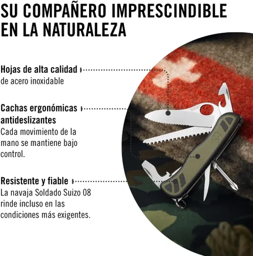Miniatura 7 de Victorinox - Cuchillo suizo para soldado 08, 10 funciones, color oliva/negro Large one-handed lock blade with wavy edge, wood saw, screwdrivers