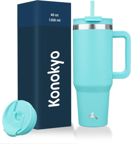 Miniatura 36 de Konokyo - Vaso de 40 onzas con asa y 2 pajillas, botella de agua aislada 2 en 1 con tapa. Taza de viaje de acero inoxidable para café, flores