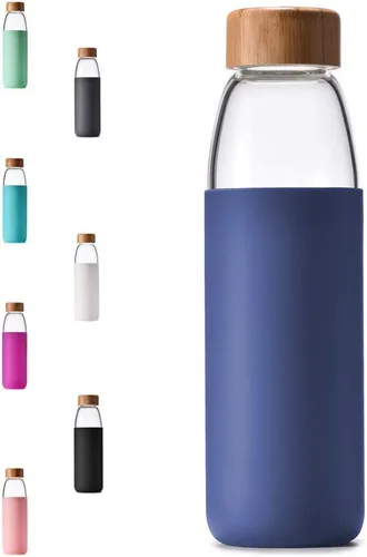 Botellas de agua de vidrio de borosilicato de 25 onzas con tapa de bambú, sin BPA, funda de silicona antideslizante y tapa a prueba de fugas de Azul