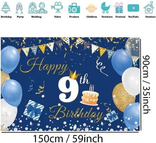 Miniatura 2 de Decoraciones de 9º cumpleaños para niños y niñas, cartel de telón de fondo de feliz cumpleaños 9 años, cartel de tela con texto en inglés "Happy 9