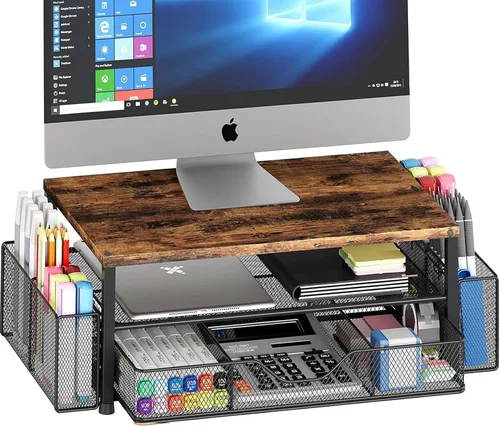 Miniatura 17 de OPNICE Soporte elevador de monitor doble con cajón y 2 soportes para bolígrafos, organizador de escritorio para suministros de oficina, soporte