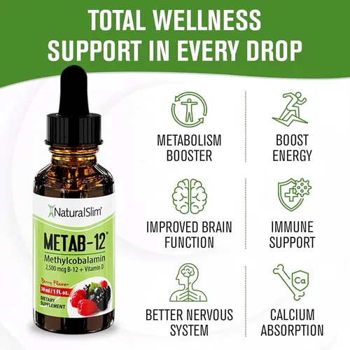 Miniatura 5 de NaturalSlim Vitaminas B12 líquidas con vitamina D - Metab-12 metilcobalamina 2500 mcg B12 gotas sublinguales para metabolismo, energía y apoyo