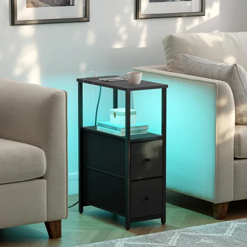 Miniatura 5 de TUTOTAK Mesa auxiliar pequeña y estrecha con LED y estación de carga, mesa lateral con tomas de corriente, mesita de noche con 2 cajones de tela