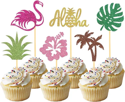 Miniatura 7 de 24 adornos tropicales con purpurina para cupcakes, hojas de palmera tropicales, decoraciones de Aloha para verano, temática hawaiana, baby shower
