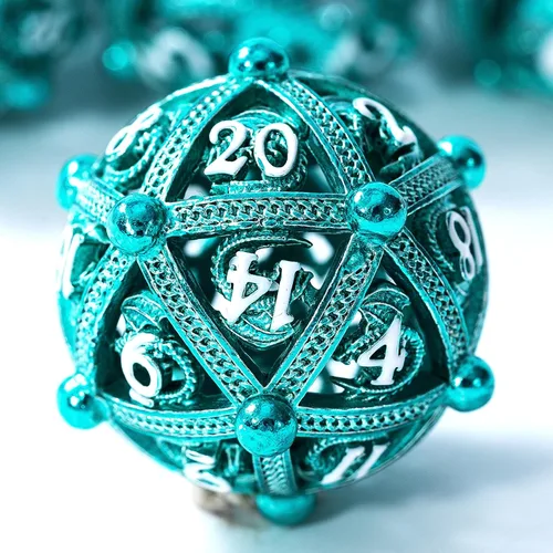 Miniatura 18 de Juego de dados de metal para DND – Diseño único de orbe hueco redondo para un mejor rodamiento – Hermoso juego de nudos celtas para juegos de rol