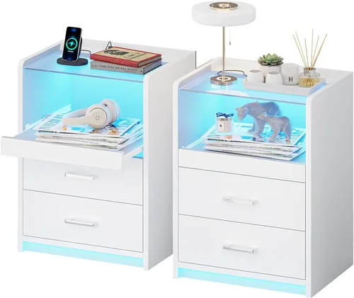 Miniatura 10 de VIAGDO Mesita de noche con estación de carga y luces LED, mesita de noche negra con parte superior de vidrio y cajones de almacenamiento, mesas