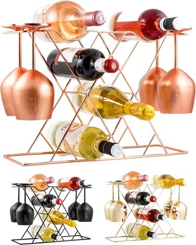 Miniatura 8 de Gusto Nostro Estantes de vino pequeños para 8 botellas y 4 vasos, estante de vino para encimera con soporte para vidrio, moderno estante de vino