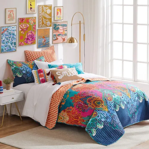 Miniatura 9 de Levtex Home - Juego de colcha Mackenzie - Colcha matrimonial y dos fundas estándar - Bohemio - Verde azulado, naranja, amarillo, verde, azul