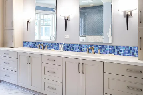 Miniatura 7 de Blujellyfish Azulejos de Mosaico de Vidrio Azul Patrón Francés Láminas de Mosaicos Cuadrados Vidrio Cristal Azul Cobalto Iridiscente Cerámica