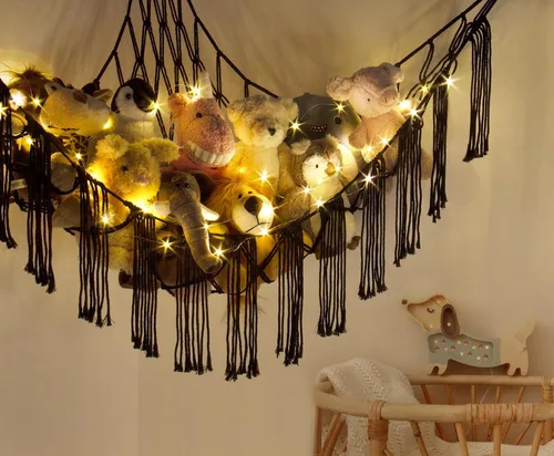 Miniatura 3 de Hamaca de Macramé para Animales de Peluche de Esquina con Luz LED - Hamaca de Almacenamiento de Juguetes Negra Organizador de Red de Peluches Negro