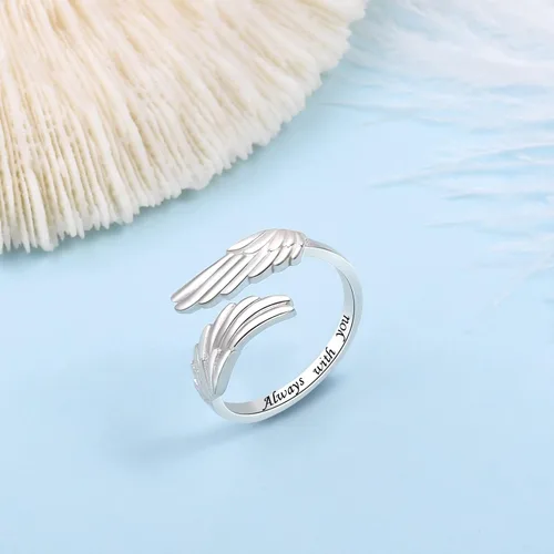 Miniatura 3 de YLT Anillo de plata de ley 925 con alas de ángel con plumas y plumas ajustables y delicadas, anillos abiertos para el pulgar para mujeres y niñas