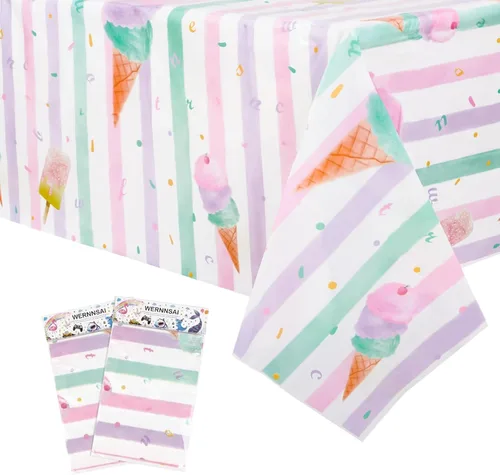 WERNNSAI Mantel rectangular desechable de plástico para fiestas de helados, 2 unidades de 54 x 108 pulgadas, suministros para fiestas temáticas de