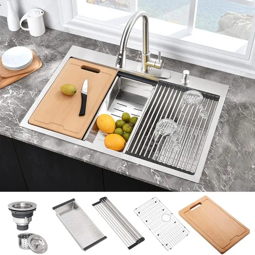 Fregadero de cocina de acero inoxidable de 25 x 20 x 10 pulgadas, con caída en la parte superior, calibre 16, cuenco individual profundo, fregadero