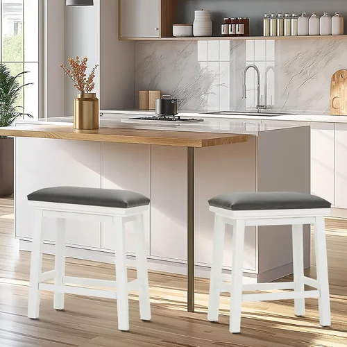 Miniatura 12 de Taburete de bar gris de madera maciza para encimera de cocina, taburete de bar con asiento de cuero sintético, taburete tapizado para isla de 34 a
