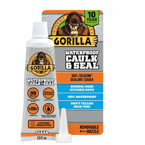 Gorilla Calafateo 100% de silicona, sellador impermeable, tubo de compresión de 2.8 onzas (paquete de 1) – Transparente – 10 años resistente al moho
