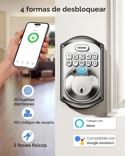 Miniatura 4 de TEEHO TE012W - Cerradura inteligente WiFi, cerradura de puerta de huellas dactilares con Wi-Fi integrado, teclado de entrada sin llave, cerrojo