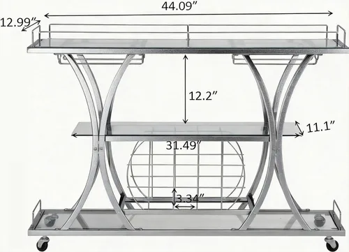 Miniatura 4 de Carritos de barra plateados con soportes de vidrio y estante para vino, carritos de servicio de bar casero de 3 niveles con estantes de vidrio