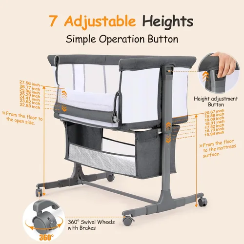 Miniatura 7 de Ezebaby Cuna junto a la cama para bebé, moisés portátil junto a la cama para recién nacidos con ruedas, cesta de almacenamiento, ajustable a 7 Gris