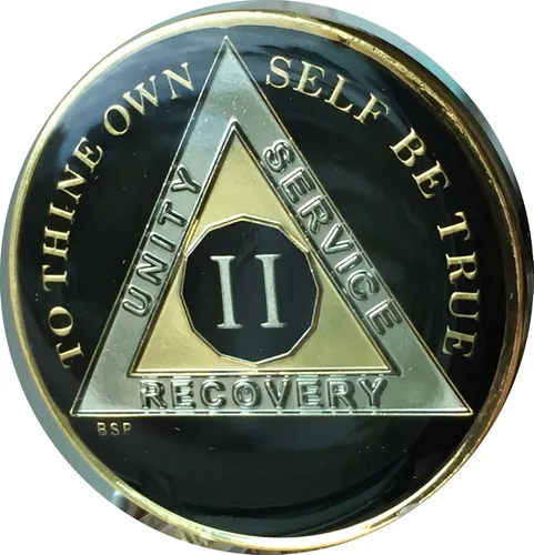 Miniatura 3 de Blue Star Press 2 años Classic Black AA Medallion Sobriety Chip Tri Plate chapado en oro y níquel