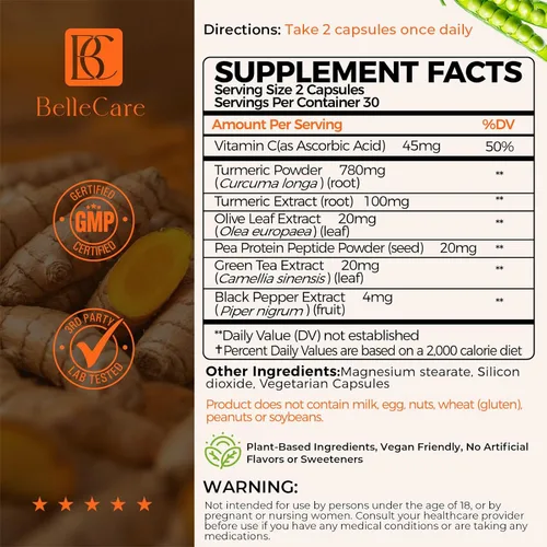 Miniatura 2 de BELLECARE Suplemento de cúrcuma de 780 mg con pimienta negra, vitamina C, té verde y péptidos de guisantes, apoyo antioxidante para la salud