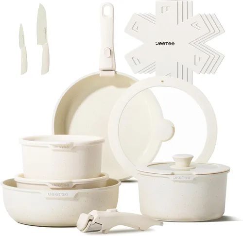 JEETEE Juego de ollas y sartenes antiadherentes, 17 piezas, juegos de utensilios de cocina con mango desmontable, juego de utensilios de cocina
