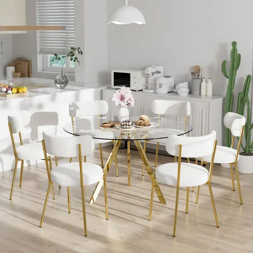 Miniatura 9 de Juego de mesa de comedor circular de vidrio de 39 pulgadas para 4, mesa de comedor redonda pequeña y 4 sillas tapizadas, moderno juego de mesa