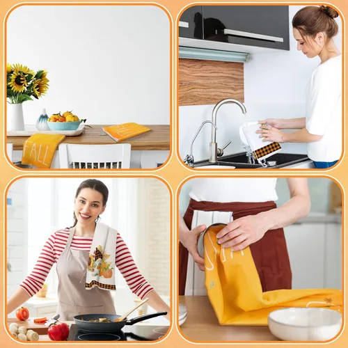 Miniatura 7 de Bencailor Juego de 4 toallas de cocina de Acción de Gracias, diseño de gnomo, calabazas, gnomo, absorbente de otoño, para hornear, cocinar