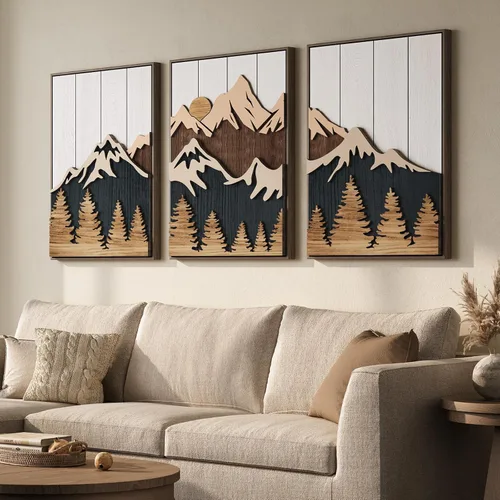 Miniatura 12 de Arte de pared de madera 3D con textura bohemia 3D para dormitorio, 3 piezas de arte de madera tallada botánica tropical para paredes, hoja de Marrón