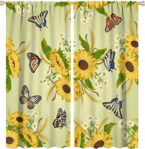 Miniatura 28 de Cortinas opacas de girasol, diseño natural, de granja, floral, con bolsillo para barra, para ventana, para dormitorio, sala de estar, 42 x 45