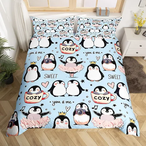 Miniatura 4 de Juego de funda de edredón para niños de dibujos animados, diseño de pingüinos de dibujos animados, lindo juego de ropa de cama de animales árticos