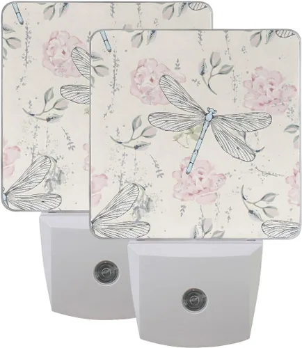 Miniatura 7 de Lámpara de noche LED enchufable con sensor de luz, libélulas florales grungy, luz blanca, paquete de 2 unidades, para pasillo, baño, dormitorio