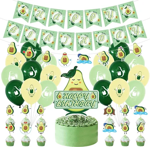 Decoraciones de cumpleaños de aguacate, suministros para fiestas temáticas de frutas con pancarta de feliz cumpleaños, pancarta de guirnalda de