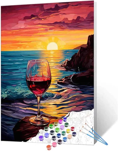 Miniatura 24 de Pintura de fiesta de vino tinto por números para adultos principiantes, vino vintage en vidrio, pintura por números, pintura acrílica, lienzo
