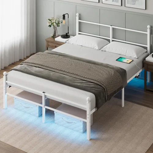 Miniatura 13 de Base de cama tamaño Queen con cabecero, plataforma de metal con luces LED, estación de carga, almacenamiento debajo de la cama y soporte de listones