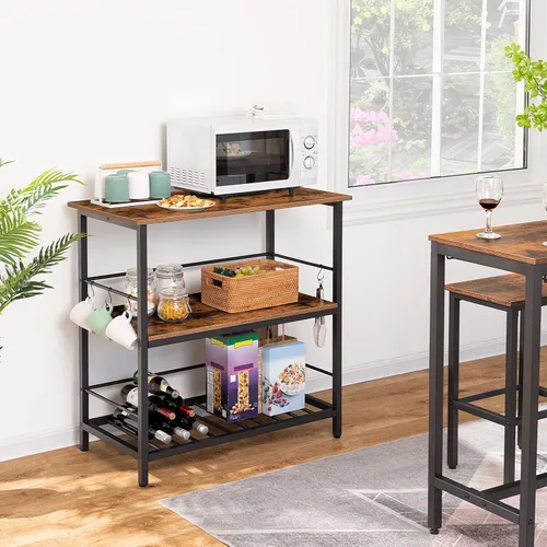 Miniatura 3 de HOOBRO Isla de cocina con estante para vino, contador industrial de isla con ganchos y rieles protectores, estante de cocina de 3 niveles