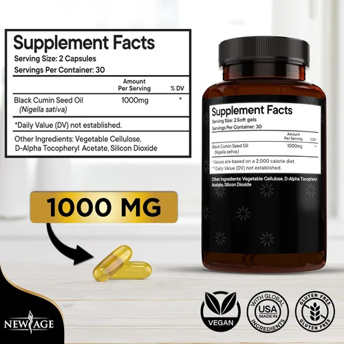 Miniatura 2 de NEW AGE Cápsulas de gel blando de aceite de semilla negra, prensado en frío de alta calidad, Nigella sativa que produce aceite de semilla de comino